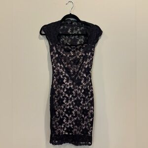 Black lace dress with nude slip underneath